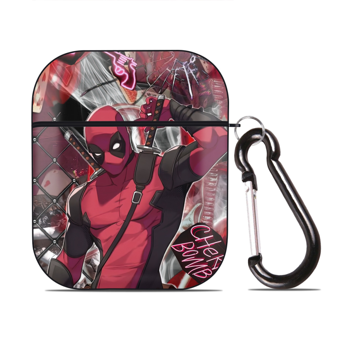 （画像用） Deadpool デッドプール AirPods 第2世代保護ケース ハードシェル ブラック 耐衝撃・防指紋・カラビナ付き