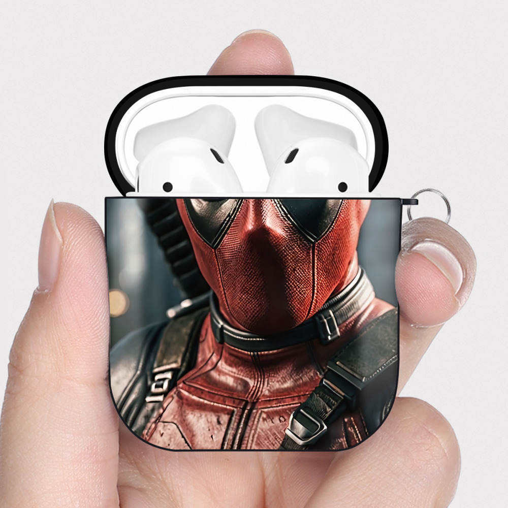 （画像用） Deadpool デッドプール AirPods 第2世代保護ケース ハードシェル ブラック 耐衝撃・防指紋・カラビナ付き