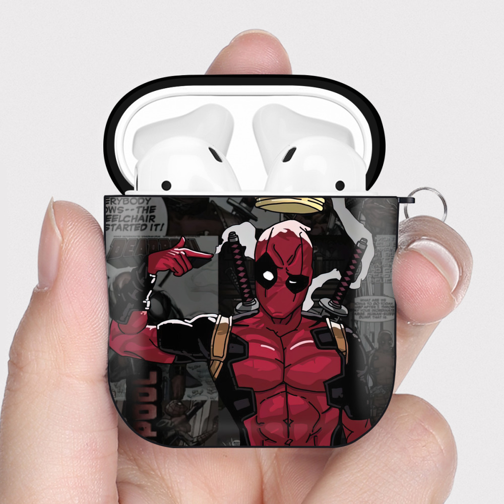 （画像用） Deadpool デッドプール AirPods 第2世代保護ケース ハードシェル ブラック 耐衝撃・防指紋・カラビナ付き
