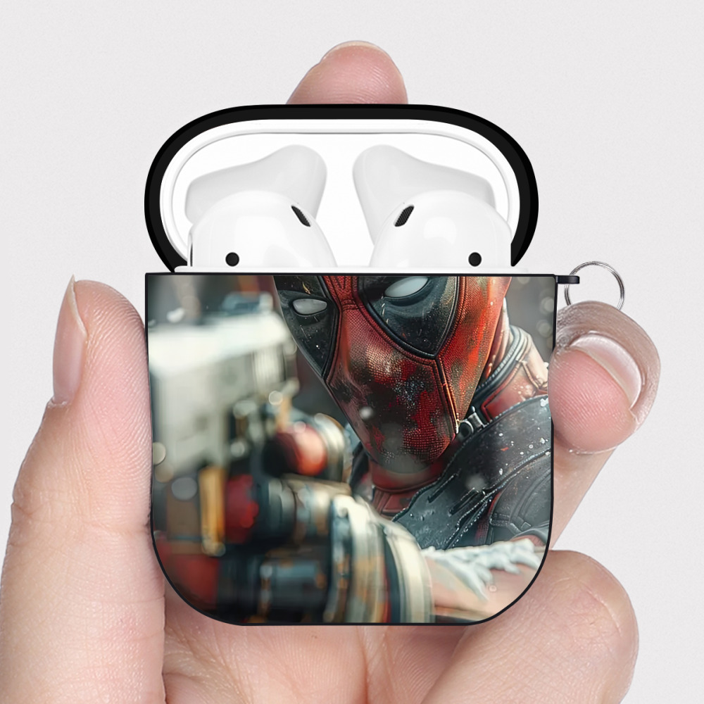 （画像用） Deadpool デッドプール AirPods 第2世代保護ケース ハードシェル ブラック 耐衝撃・防指紋・カラビナ付き