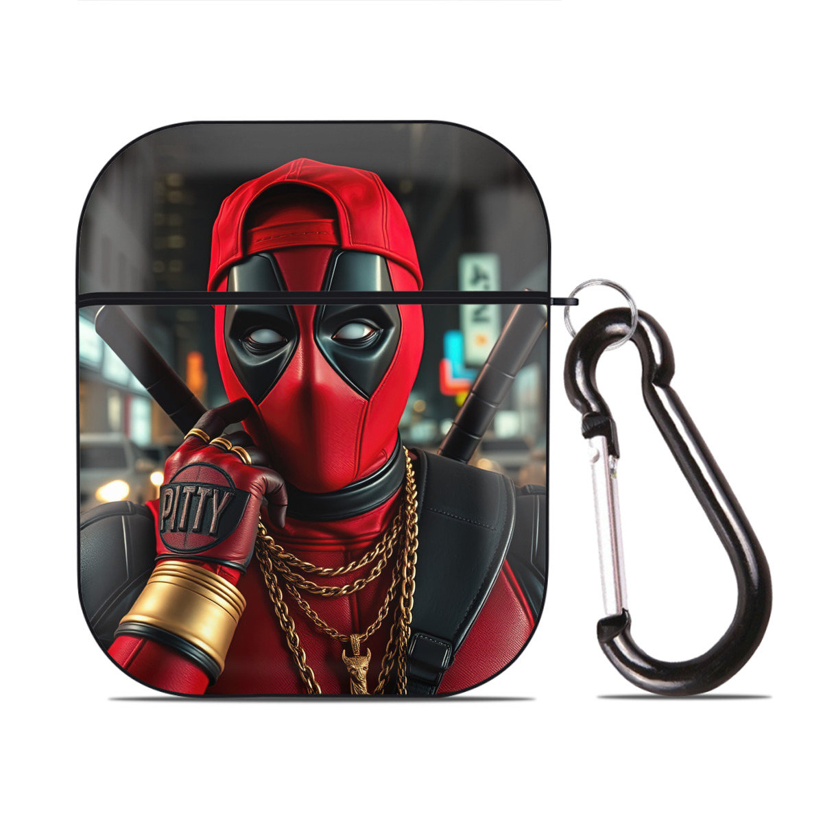 （画像用） Deadpool デッドプール AirPods 第2世代保護ケース ハードシェル ブラック 耐衝撃・防指紋・カラビナ付き