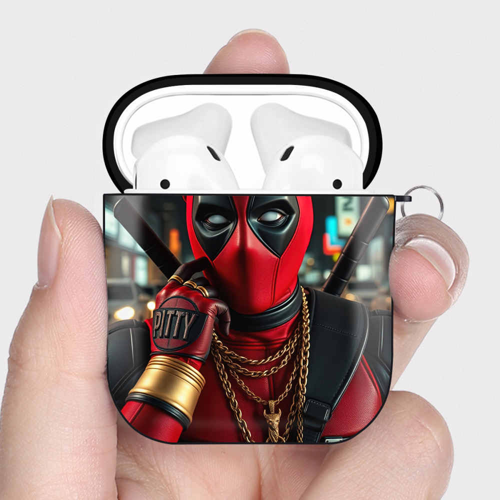 （画像用） Deadpool デッドプール AirPods 第2世代保護ケース ハードシェル ブラック 耐衝撃・防指紋・カラビナ付き