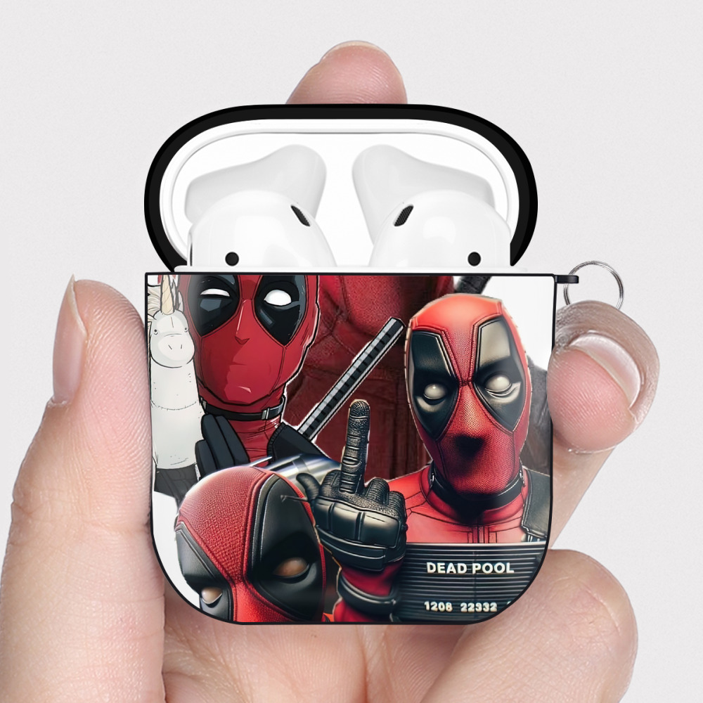 （画像用） Deadpool デッドプール AirPods 第2世代保護ケース ハードシェル ブラック 耐衝撃・防指紋・カラビナ付き