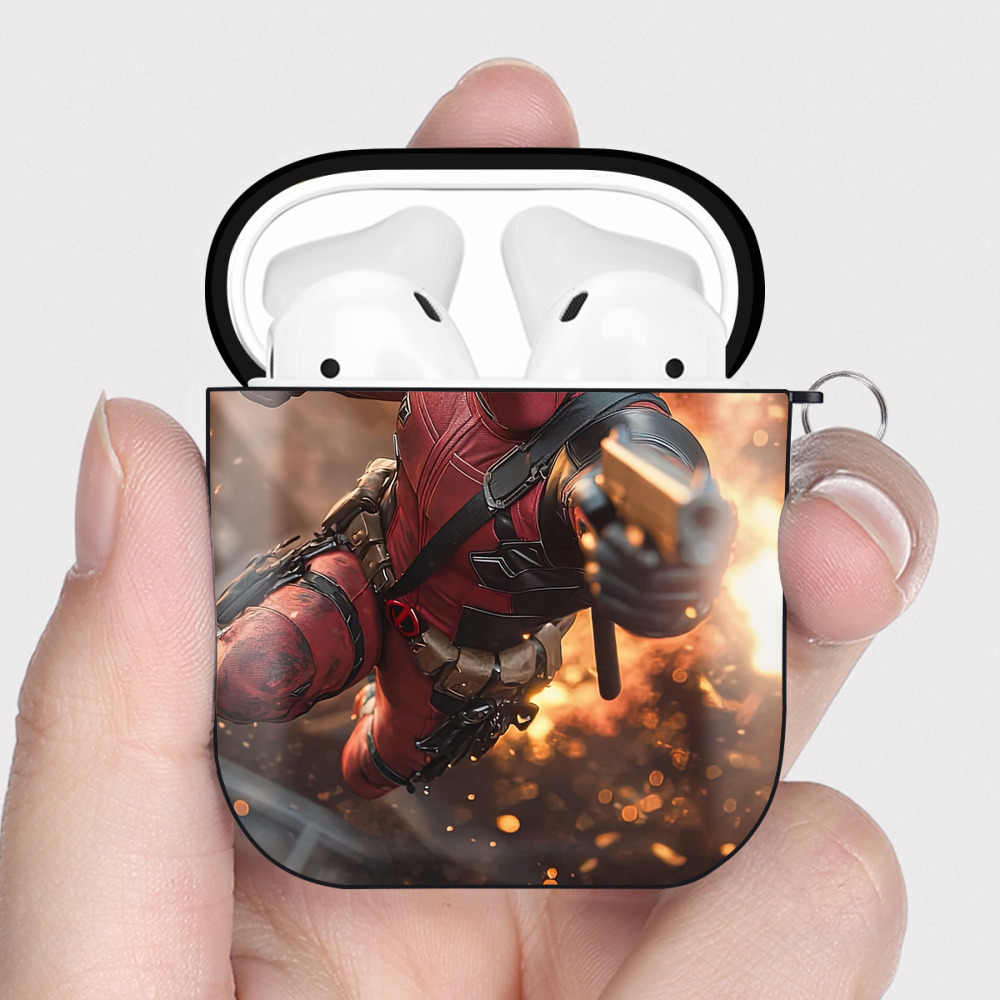 （画像用） Deadpool デッドプール AirPods 第2世代保護ケース ハードシェル ブラック 耐衝撃・防指紋・カラビナ付き