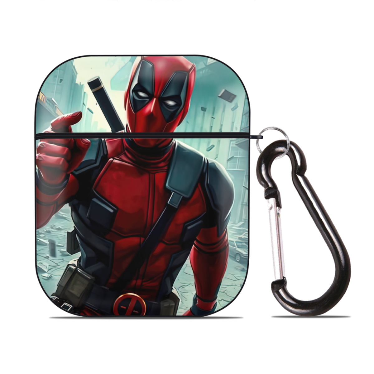 （画像用） Deadpool デッドプール AirPods 第2世代保護ケース ハードシェル ブラック 耐衝撃・防指紋・カラビナ付き