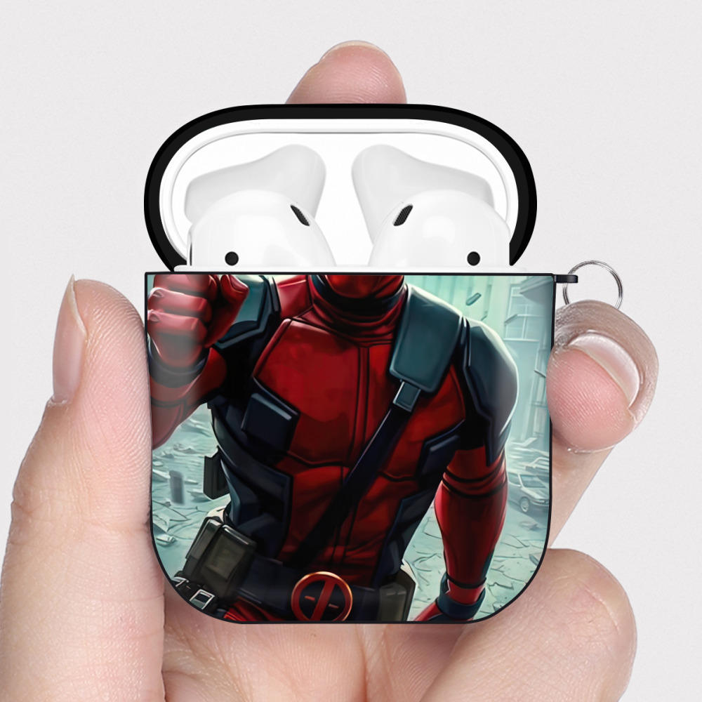 （画像用） Deadpool デッドプール AirPods 第2世代保護ケース ハードシェル ブラック 耐衝撃・防指紋・カラビナ付き