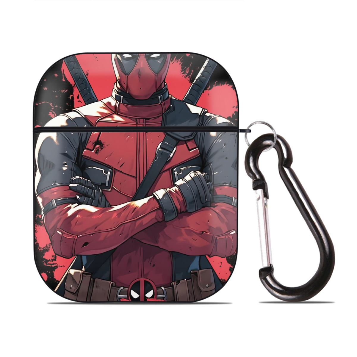 （画像用） Deadpool デッドプール AirPods 第2世代保護ケース ハードシェル ブラック 耐衝撃・防指紋・カラビナ付き