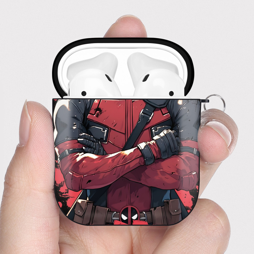 （画像用） Deadpool デッドプール AirPods 第2世代保護ケース ハードシェル ブラック 耐衝撃・防指紋・カラビナ付き