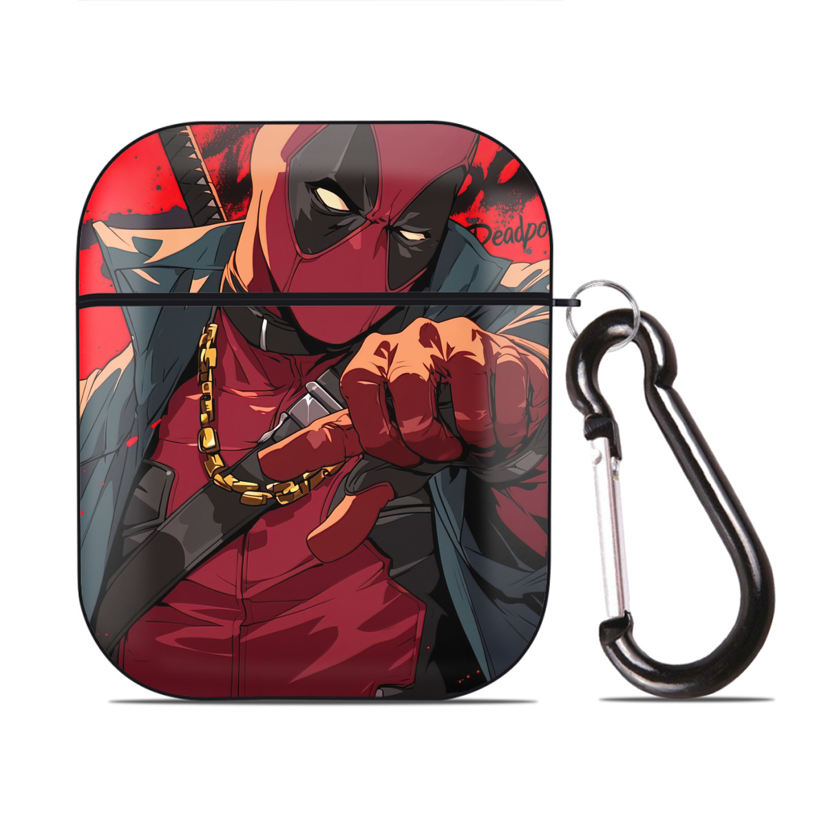 （画像用） Deadpool デッドプール AirPods 第2世代保護ケース ハードシェル ブラック 耐衝撃・防指紋・カラビナ付き