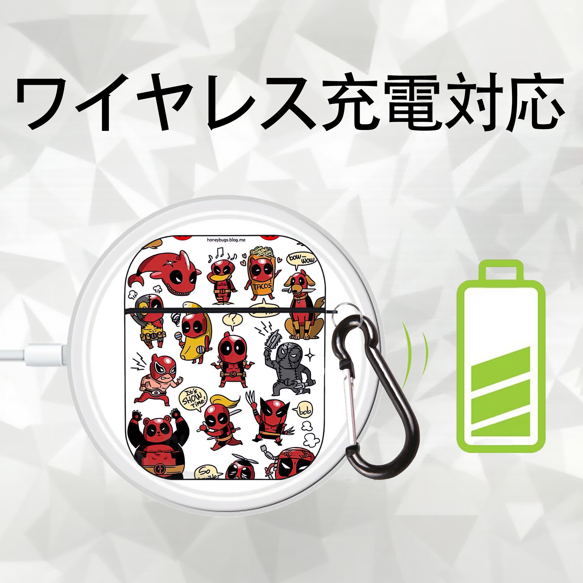 Deadpool デッドプール AirPods 第2世代保護ケース ハードシェル ブラック 耐衝撃・防指紋・カラビナ付き