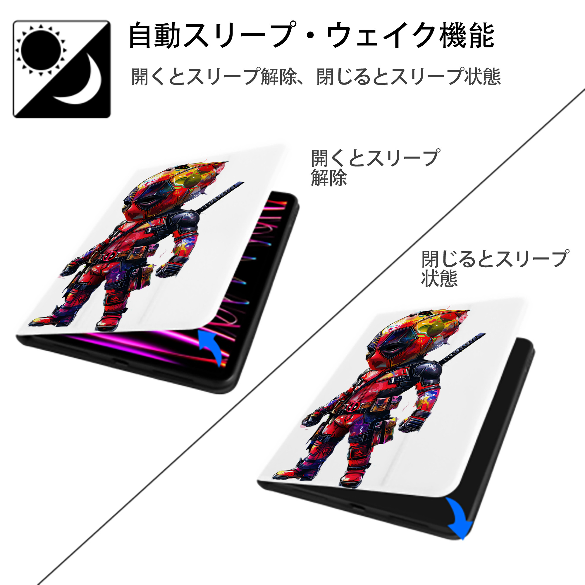 Deadpool デッドプール IPad ケース ペン収納付き 三つ折りスタンド PUレザー×シリコン 対応機種9.5/10.5/10.9インチ
