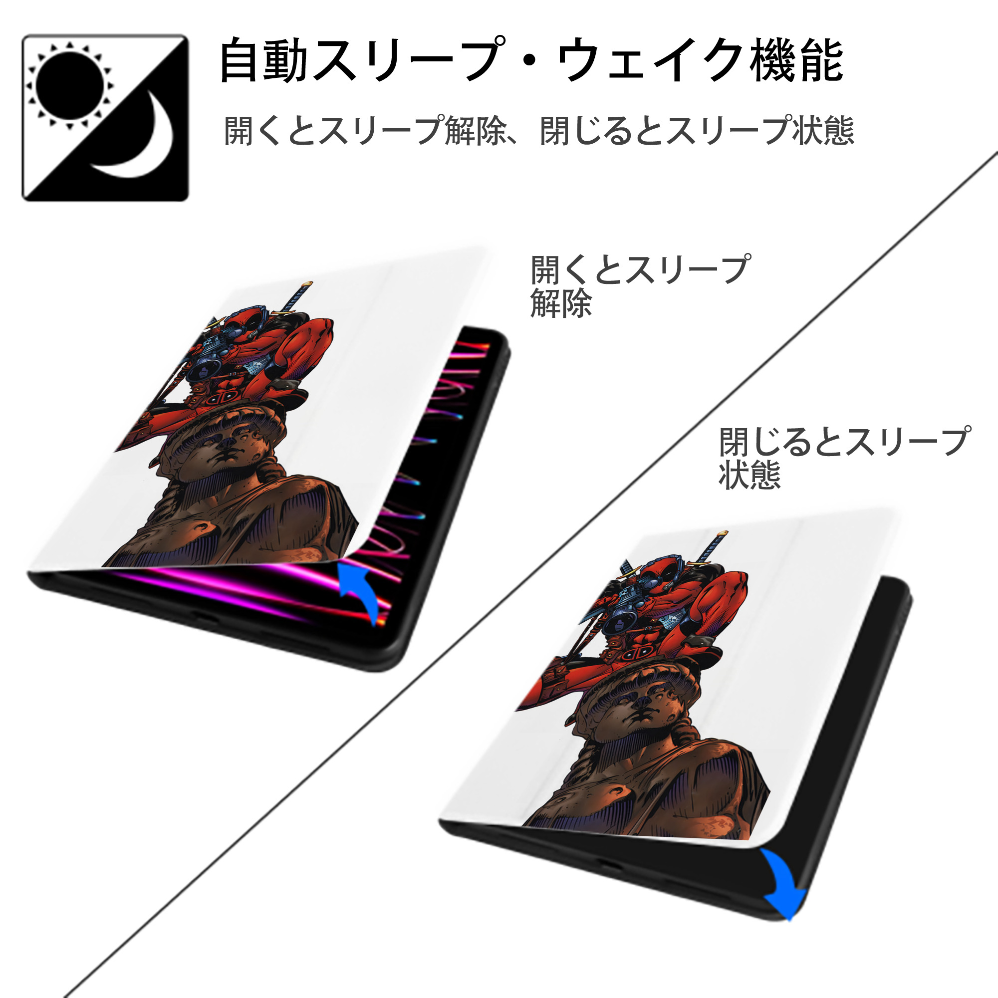 Deadpool デッドプール IPad ケース ペン収納付き 三つ折りスタンド PUレザー×シリコン 対応機種9.5/10.5/10.9インチ
